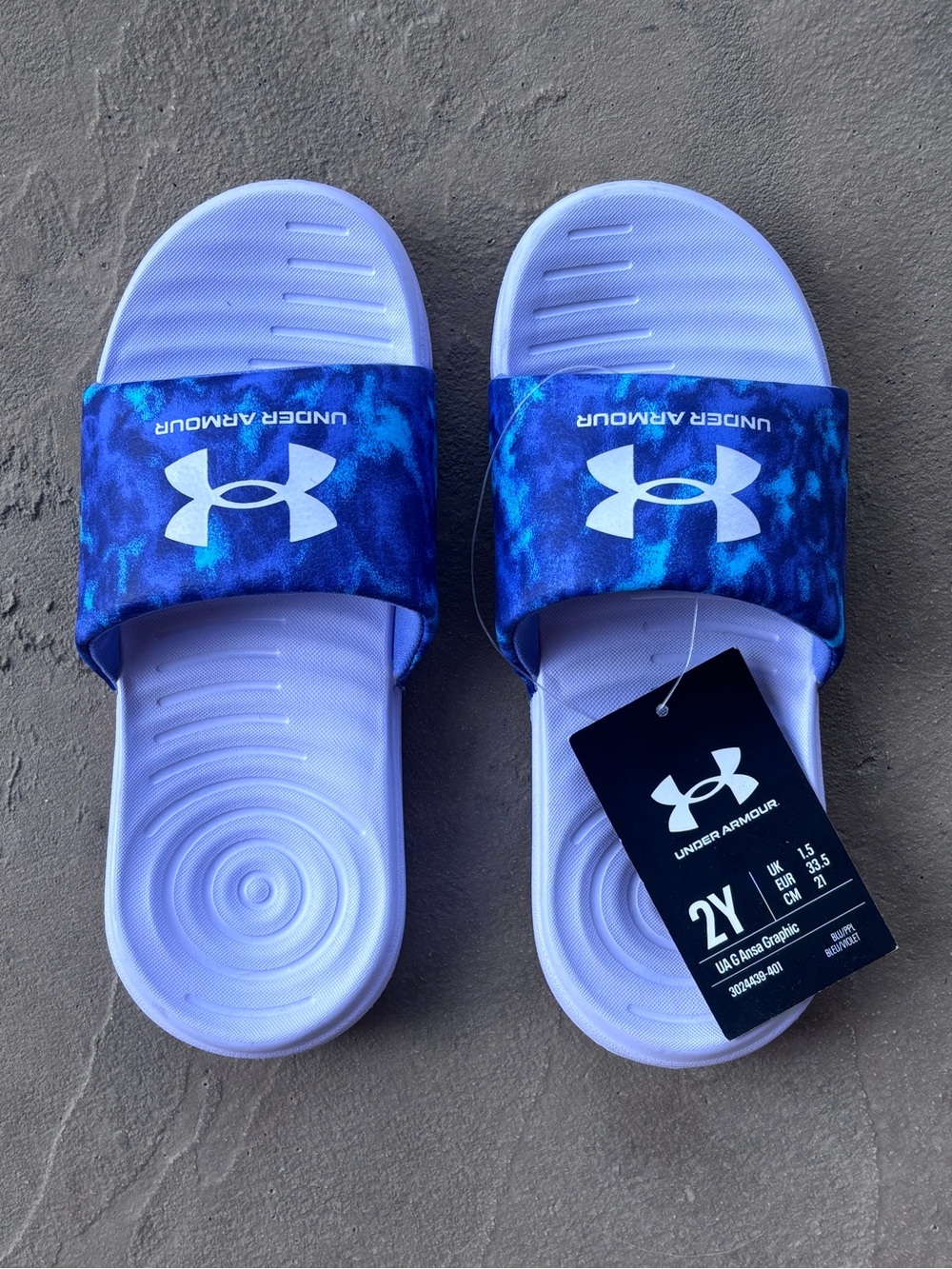 NWT Under Armour Kids Lavender Blue Slide Sandals 2Y Back To School